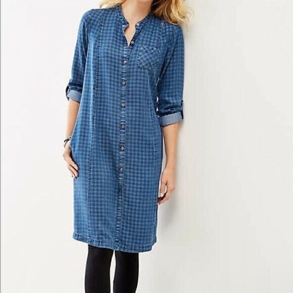 J Jill Denim Checkered Tab Sleeve Shift Dress in size S